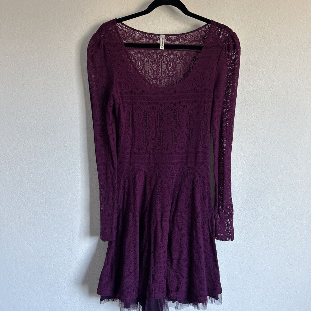 Free People Victorian Loves Lace Dress Plum Tulle Cocktail Lace Overlay Sz M